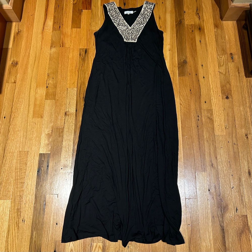 Calvin Klein Black Maxi Dress with Cream Embellished V-Neck